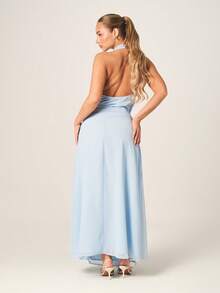 MISSGUIDED Cowl Neck Halter Maxi Dress With Side Tie Detail And High Slit In Light Blue Chiffon For Party Evening Occasions - Blue - View 3