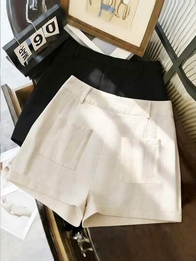 Franclia New Women's Fashionable Commuter Versatile Shorts.Women's Khaki Shorts With Side Patch Pockets, Spring & Summer Style,Women's Bottoms, Women's Shorts,Going Out Shorts For Women,Vacation Outfits Women ,Women's Solid-Color Casual Shorts, Women's Summer Outfits, Women's Summer Shorts, Women's Spring Shorts, Women's Spring Shorts