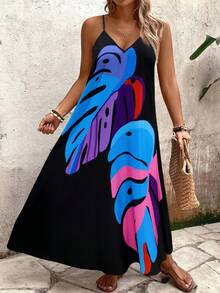 SHEIN Holidaya Đầm hai dây dáng rộng in họa tiết hoa lá dành cho nữ cỡ lớn - Nhiều màu - Xem 5