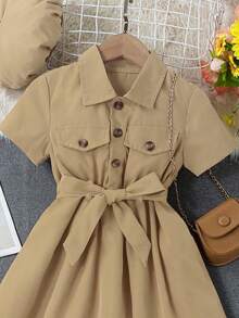 SHEIN Elladie kids Young Girl Solid Color Button Front Belted Short Sleeve Dress + Hat - Khaki - View 3