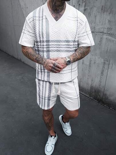 Manfinity CasualCool Men's Knitted Printed T-Shirt, Herringbone Stripe Jacquard, Fashionable For Daily Wear,Men Old Money,Daily Leisure, Weekend Trips, Outdoor Activities, Travel Expeditions, Relaxed Work Environments Or Semi-Formal Occasions, Boyfriend/Husband Gift, Anniversary /Birthday Gift Party Summer Vacation Holiday,Wedding,Spring To Summer,Easter,Men Two Piece Short Set,Men Summer Sweatsuit,Men's Grey And White Set,Men 2 Piece Set Stripe