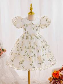 SHEIN Glamorique Kids 女童公主裙，花童，生日派对，晚宴，立体花朵收腰蓬蓬裙，四季皆宜，翻领，网纱泡泡袖优雅派对礼服，华丽连衣裙，复活节，夏季，优雅派对礼服，儿童茶会礼服，女童花园派对礼服，儿童刺绣花朵连衣裙，儿童传家宝连衣裙 - 白色 - 查看 10