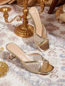 CUCCOO TILAWA Women's Lace Fashion Daily Wear Slip-On High Heel Sandals - Gold - View 1