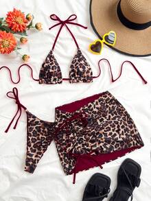 Soleia Conjunto de 3 piezas de bikini de talla grande para mujer con estampado de leopardo y contraste rojo - Burdeos - Ver 4