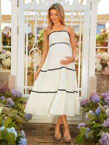 SHEIN Pregnant Women's Contrast Color Ribbon Tie Back Ruffle Hem Camisole Dress - Beige - View 6