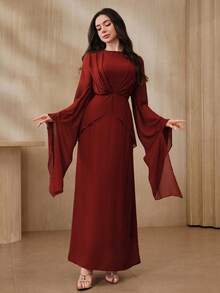 Graceveil Women's Elegant Burgundy Long Sleeve Dress,Autumn Modest Dining Twist Front Pleated Round Neck Fitted Solid Color Maroon Dark Red Dress - Brown - View 2
