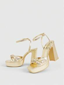 CUCCOO LuxiPop 女款金色格紋PU打結設計時尚性感高厚跟厚底涼鞋，適合春夏度假穿著，旅行必備，2000年代風格 - 金色 - 查看 6