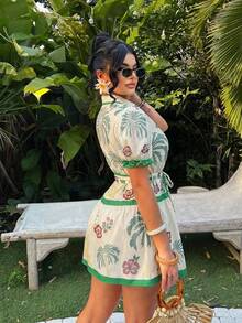 SHEIN SXY 大码热带印花纽扣休闲连衣裙 - 彩色 - 查看 2