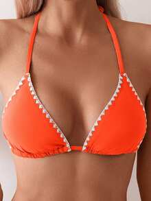 Swim Basics 女士花卉饰边挂脖撞色饰边比基尼上衣 - 橘色 - 查看 3