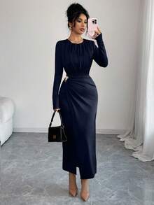 SHEIN Elenzya 女士针织收腰金属装饰修身优雅日常通勤时尚法式街头复古百搭圣诞派对新年假日商务棕色长袖连衣裙，秋冬款 - 藏蓝色 - 查看 5