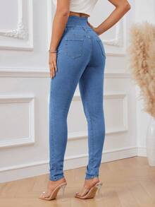 SHEIN Tall 纯色高腰修身百搭休闲牛仔裤 - 中等水洗藍 - 查看 2