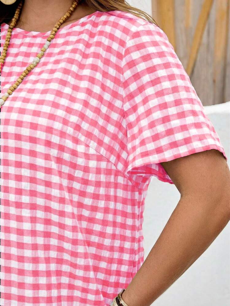 Plus Size Women Plaid Round Neck Short Sleeve Casual Loose Dress Picnic Dress For Woman Summer Casual Dress Casual Midi Dress Short Sleeve Summer Dress