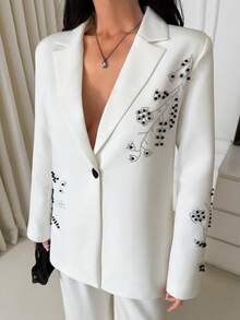 EURMUSE Women Rhinestone Detailed Single Button Blazer - White - View 1