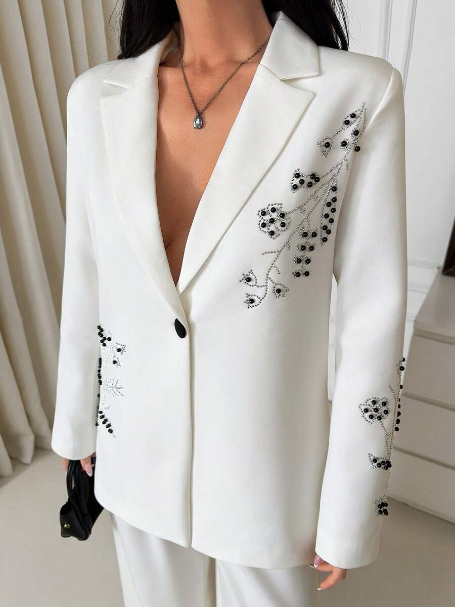 EURMUSE Women Rhinestone Detailed Single Button Blazer - White - View 1