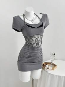 Elamini Vestido casual de mujer con mangas cortas, parches de encaje y pliegues, ropa gótica de encaje, camiseta de encaje al por mayor, camiseta corset, blusas de manga corta para mujer, vestido ajustado para mujer, vestido con inserciones de encaje - Gris - Ver 5