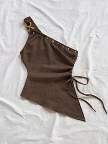 Soleia 女士夏季度假米色针织提花单肩修身下摆开衩抽绳褶皱吊带背心，适合派对、约会、情人节、复活节、狂欢节、下午茶、海滩、邮轮、城市度假等场合。 - 咖啡棕 - 查看 5