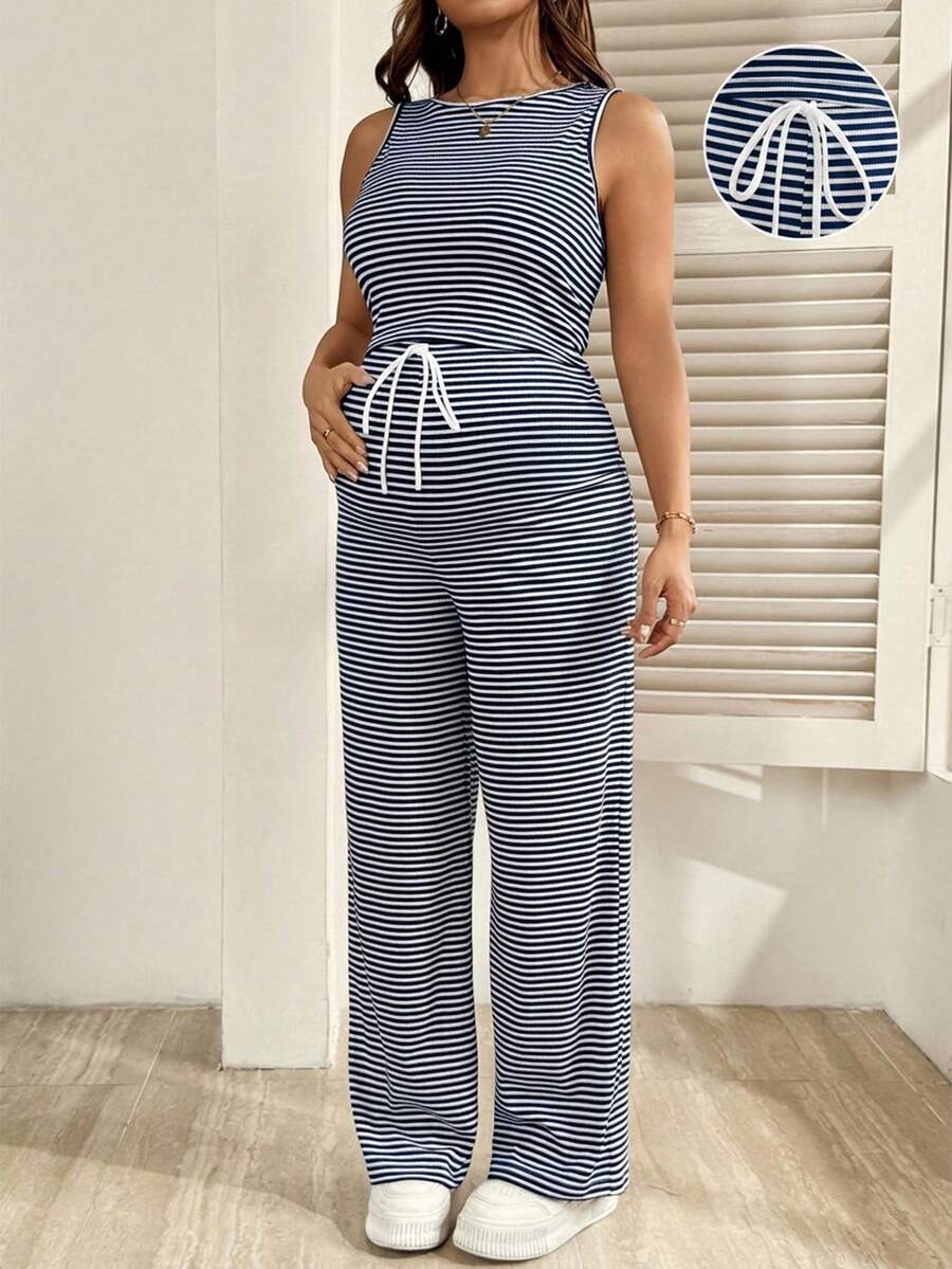 SHEIN 2pcs Maternity Casual Striped Round Neck Vest And Pants Set, Summer World Cup - Royal Blue - View 1