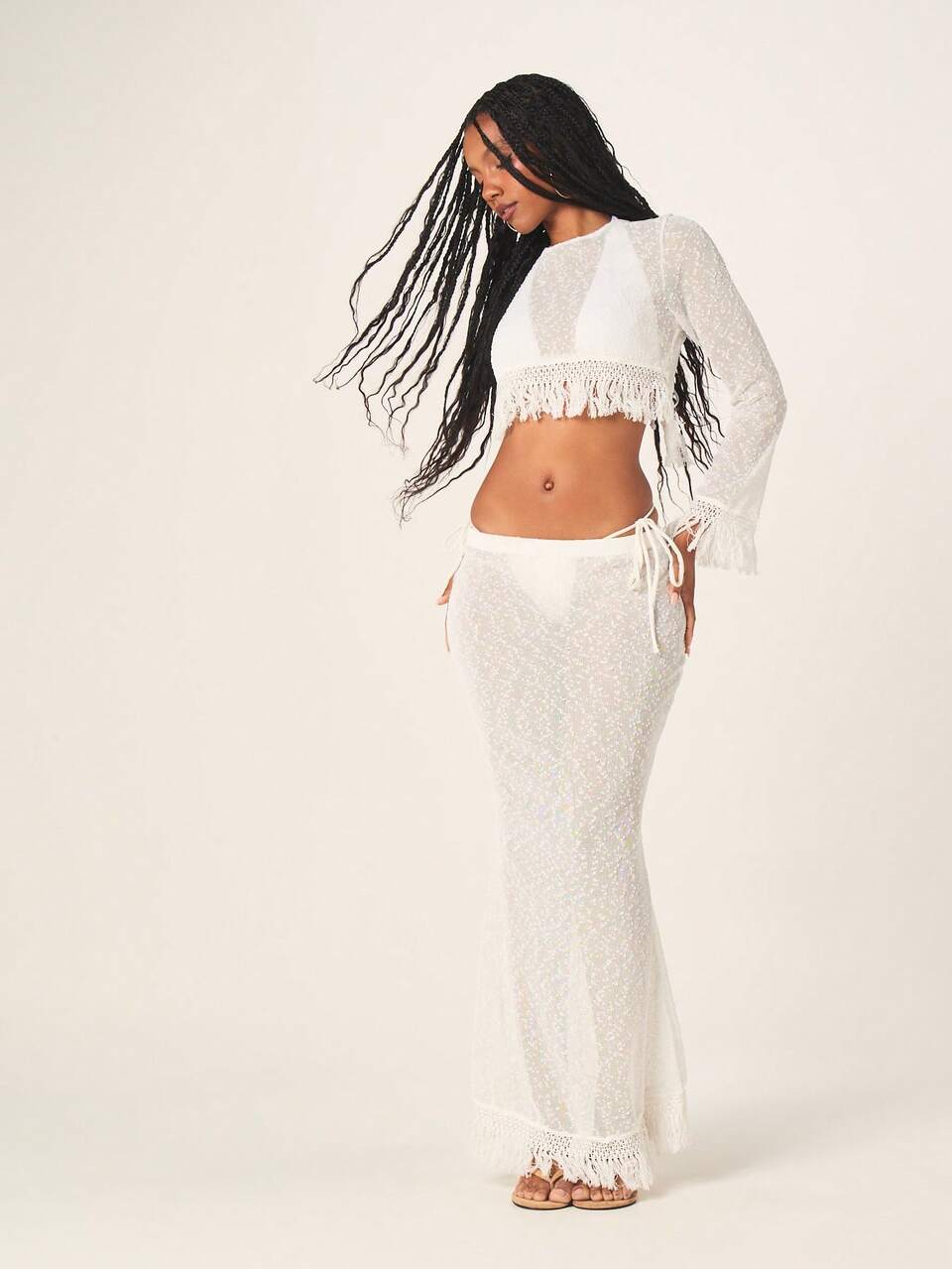 MISSGUIDED Fringe Knit Two Piece Beach Bikini Set With Crop Top And High Rise Bottom