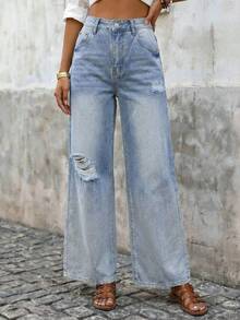 Brillora Women's High Waist Pocket Distressed Wide Leg Loose Casual Jeans - Light Wash - View 1