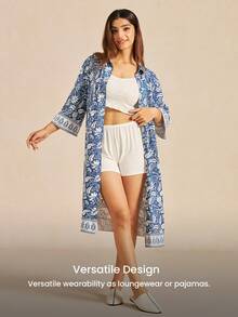 LUVLETTE Cotton Patterned Basic Blue Shirt Collar Button T-Shirt Dress Homewear Long Nightdress For Women Lingerie Pyjama - Blue - View 7