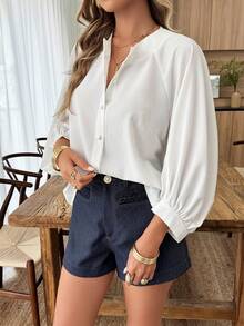 Louniche Women's Casual Vacation Solid Color Front Button Raglan Sleeve Shirt, Spring/Summer - White - View 3