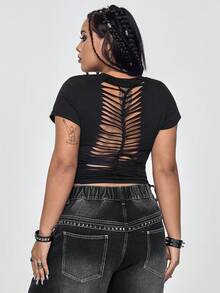 ROMWE Grunge Punk Spring/Summer Plus Size Black T-Shirt With Punk Music Note Rhinestone Grommets Valentine's Day - Black - View 2