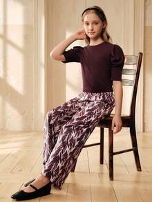 SHEIN 少女泡泡袖上衣和印花阔腿裤两件套，适合日常外出和度假穿着 - 彩色 - 查看 8