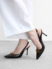 CUCCOO BIZCHIC 女士春夏金属扣装饰尖头细跟9厘米高跟鞋纯色通勤约会日常度假鞋 - 黑色油皮 - 查看 3