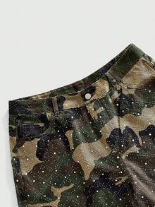 ROMWE MEN Men's Sparkling Diamond Camouflage Loose Denim Shorts - Army Green - View 4