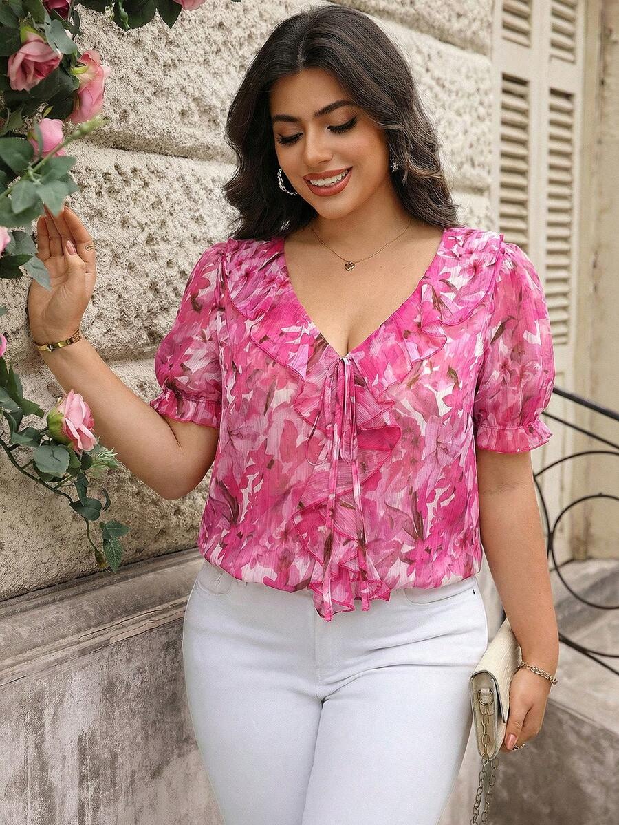 Reflora Plus Size Printed Minimalist Casual Short Sleeve Shirt - Hot Pink - View 1