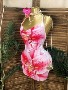 Este elegante y sexy vestido mini de cuello halter presenta un estampado floral y exuda un estilo Y2K, lo que lo convierte en el perfecto para ocasiones como islas, playas, vacaciones, festivales de música y fiestas. 8QAZ - Multicolor 3 - Ver 4