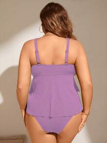 Swim Lushoire Plus Size Ruffle Trim Halter Top And Triangle Bottoms Tankini Set - Mauve Purple - View 2