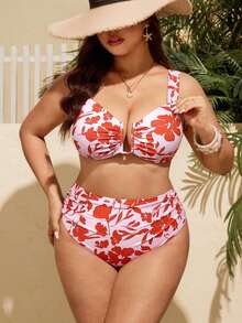 SHEIN Swim 2026新款加大码女式可调节印花比基尼套装，抹胸上衣和高腰褶皱泳裤两件式泳装 - 彩色 - 查看 5