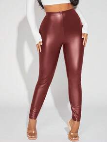 SHEIN Tall CURVE 大码女式纯色PU皮革弹力腰带打底裤高腰打底裤仿皮打底裤女式打底裤 - 酒紅色 - 查看 4