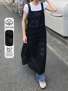 FRIFUL 女士蕾丝刺绣背带裙纯色连衣裙，适合春季至夏季穿着的吊带裙 - 黑色 - 查看 1