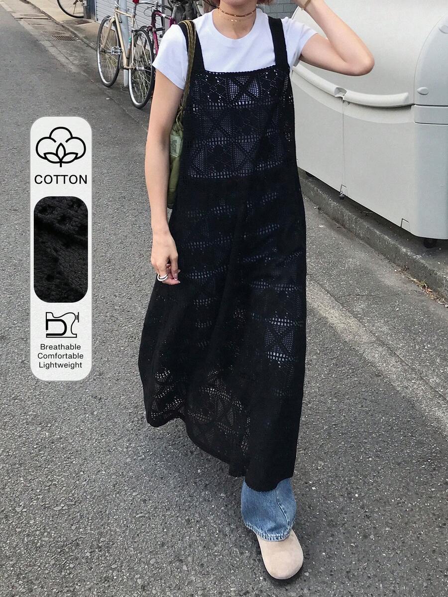 FRIFUL 女士蕾丝刺绣背带裙纯色连衣裙,适合春季至夏季穿着的吊带裙 - 黑色 - 查看 1