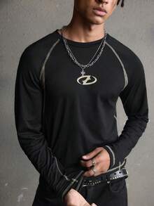 AXEPEAK Men's Contrast Trim Graphic Print Casual Crew Neck Long Sleeve T-Shirt - Black - View 5