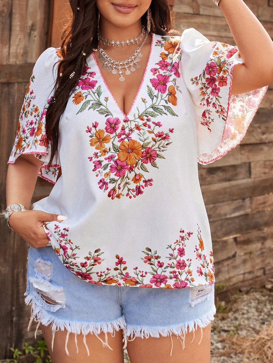 Ceyna Blouse à col V à manches courtes, style bohème, imprimé multicolore en faux lin, pour femmes, printemps/été - Multicolore - Voir 1