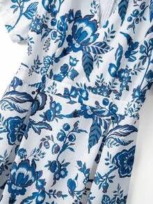GlowEve CURVE Regalyn Women's Elegant Floral Solid Notched Neck Short Sleeve Plus Size Midi Dress, Spring/Summer - Blue and White - View 3