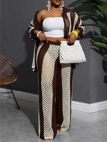 Slaydiva Nuevo conjunto de 2 piezas de primavera/verano, estilo minimalista casual: Cárdigan de manga larga con cuello hueco + pantalones de pierna ancha en azul-verde de punto. Conjunto de 2 piezas para trabajar desde casa, de lana, de punto. - Marrón - Ver 8