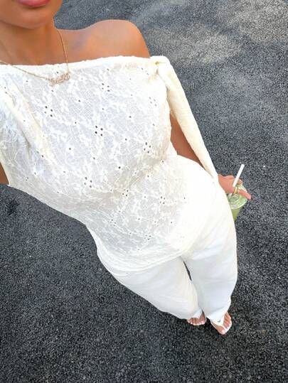 Muchica Women's Elegant And Romantic Asymmetrical Neckline, Stylish And Sexy Lace Top For Spring, Suitable For Parties, Vacations, Romantic Dates, Weddings, Birthdays, And Other Occasions. Knitted Textured Cross-Strap Slim-Fit Apricot T-Shirt.