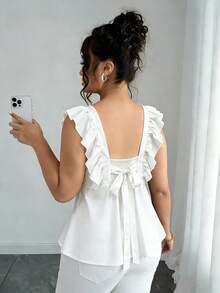 Elenzga Blusa de mujer talla grande con cuello cuadrado y ribete de volantes en unicolor - Blanco - Ver 2