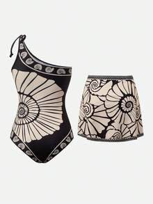 Swim Oasis 女士热带花鸟印花休闲连体泳衣，带裙摆，挂脖设计，适合度假和海滩穿着 - 彩色 - 查看 2