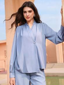 Graceveil Áo sơ mi nữ thanh lịch, cổ chữ V, tay dài, màu xám xanh. - Màu xanh lam - Xem 6