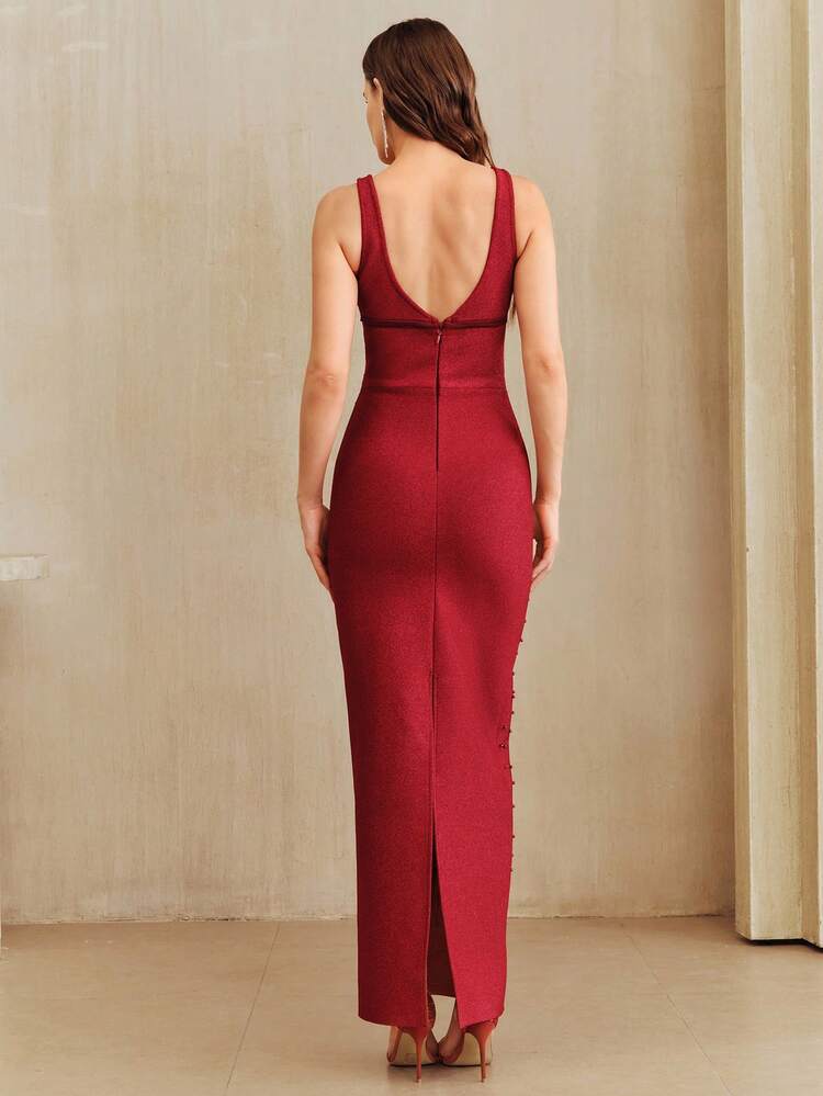 Women's Elegant Faux Pearl Beaded Split Dress, Summer Red Dresses For Women Sexy Vegas Dresses Birthday Dinner Dress Sexy Burgundy Dresses Red Sparkly Dress