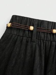 Sweetra Chân váy chữ A màu trơn, vạt bất đối xứng, chất liệu giả da lộn, cỡ lớn, ngọt ngào. - màu đen - Xem 6