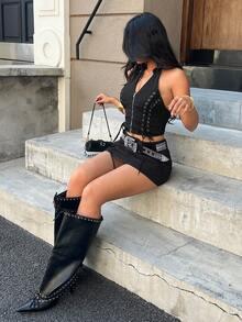 SHEIN PETITE Women's Sexy Criss-Cross Backless Halter Denim Crop Top, Summer - Black - View 5