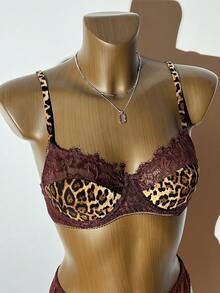 2pcs Animal Print Lace Patchwork Lingerie Set - Brown - View 8
