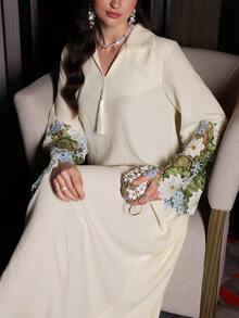 Yasmyna Women's Apricot Woven Long Sleeve Embroidered Lace Trim Elegant Romantic Turkish Abaya & Arabic Traditional Maxi Dress - Apricot - View 6