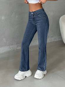 EURMUSE Jeans évasés taille haute et courts pour femmes, couleur unie - Jean bleu - Voir 4